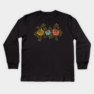 Hand-Drawn Camellia Flowers on Intertwined Vines in Mustard, Blue, and Salmon Hues Kids Long Sleeve T-Shirt